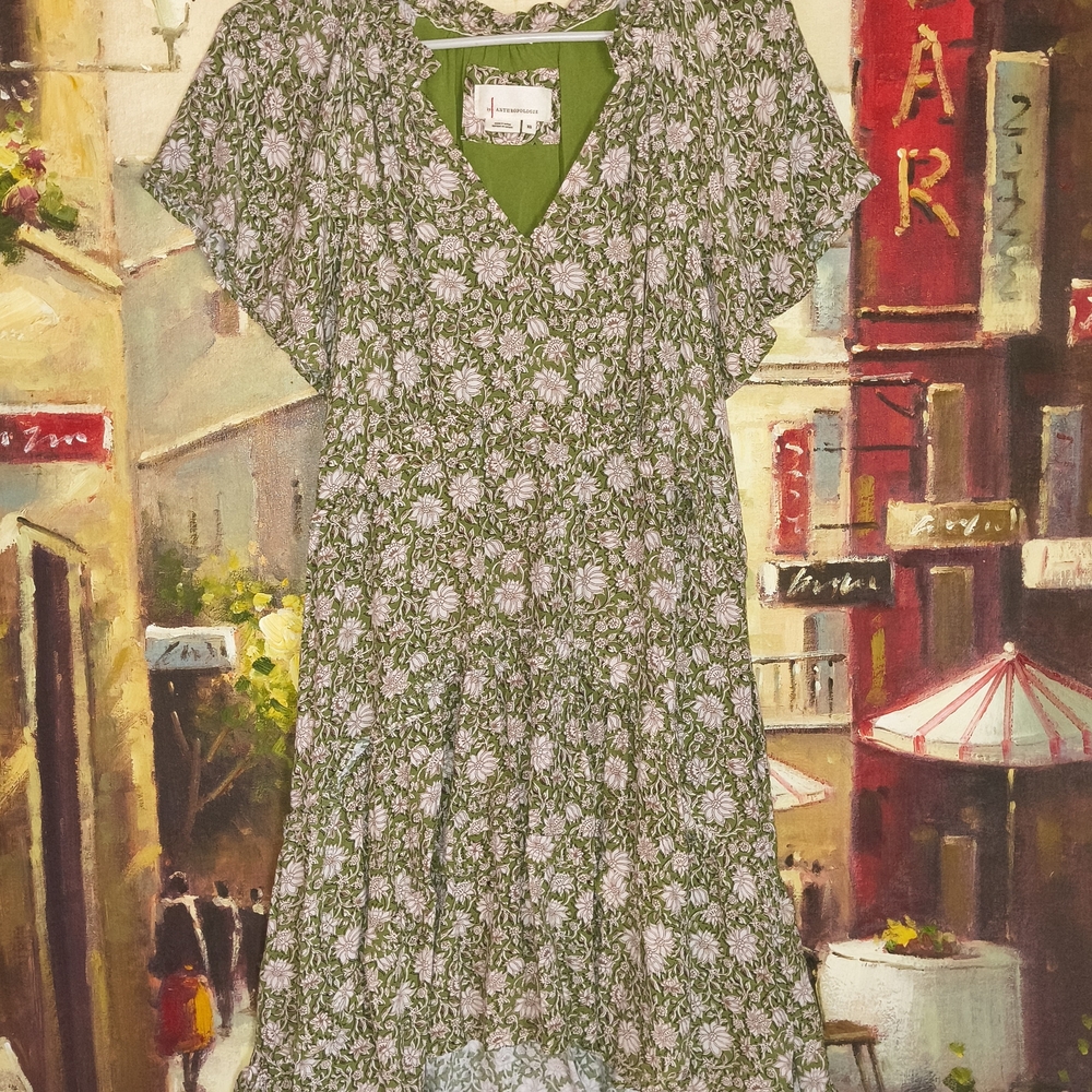 Anthropologie Olive and Cream Floral Dress